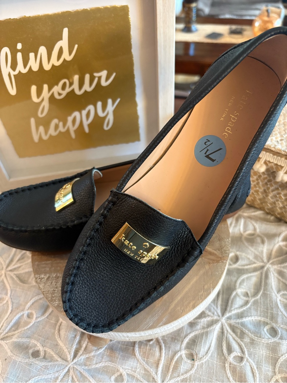 Kate Spade Black Pebbled Leather Loafers with Gold Plaque Detail - 7.5